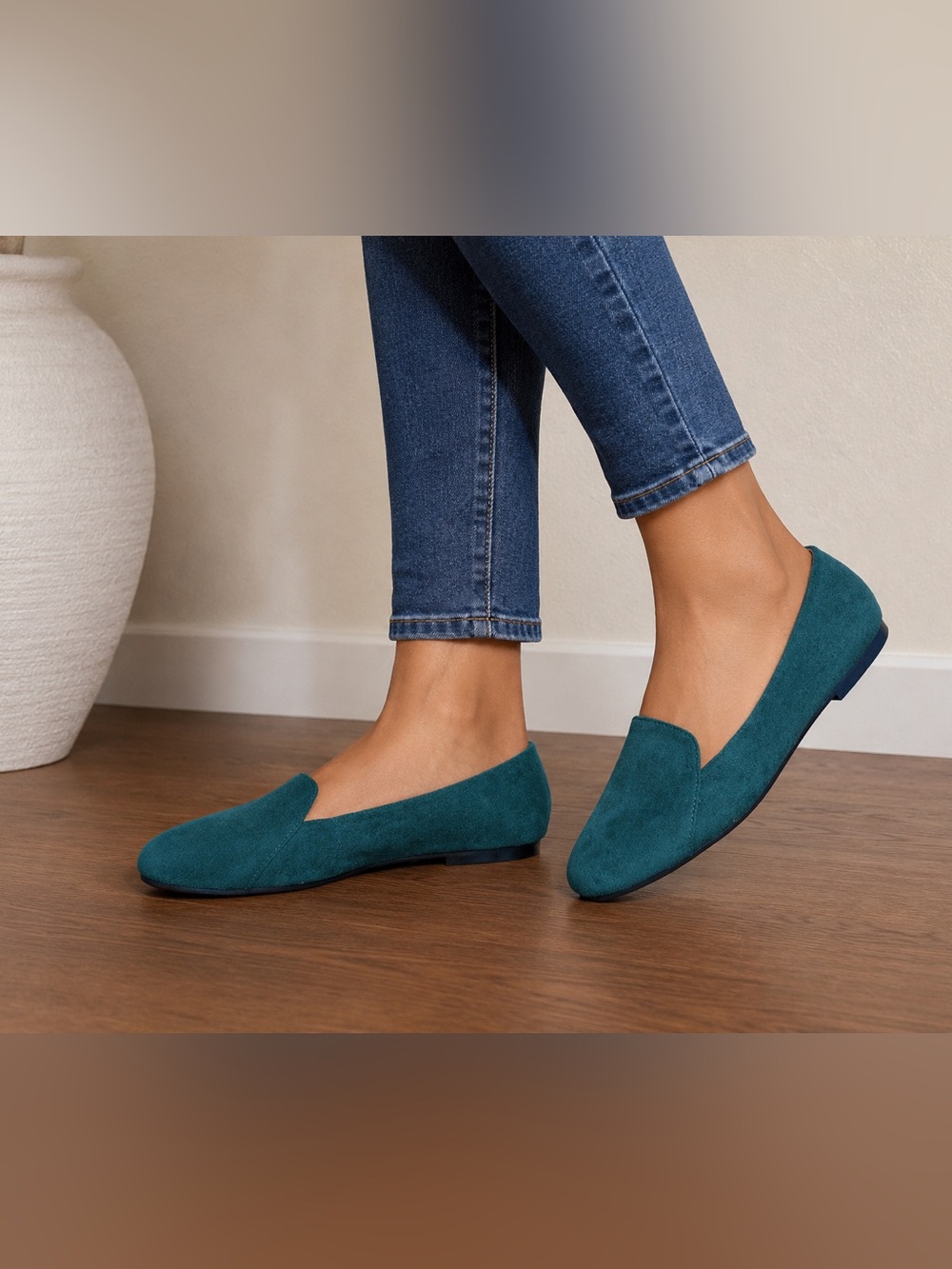 Teal Suede Loafer Flats Women’s Size 39 Square Toe Slip On Shoes